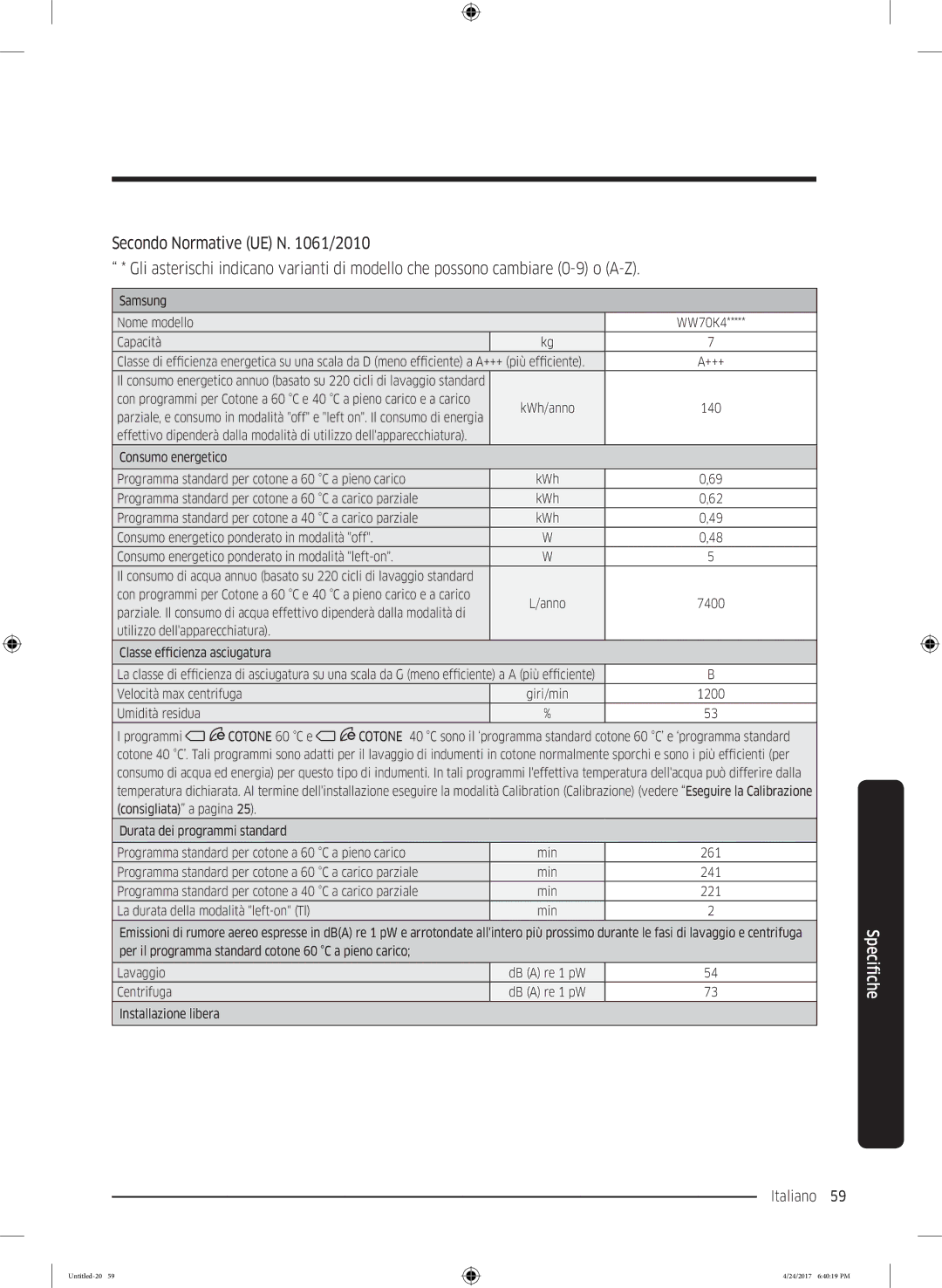 Samsung WW60K42108W/ET manual Italiano 59  